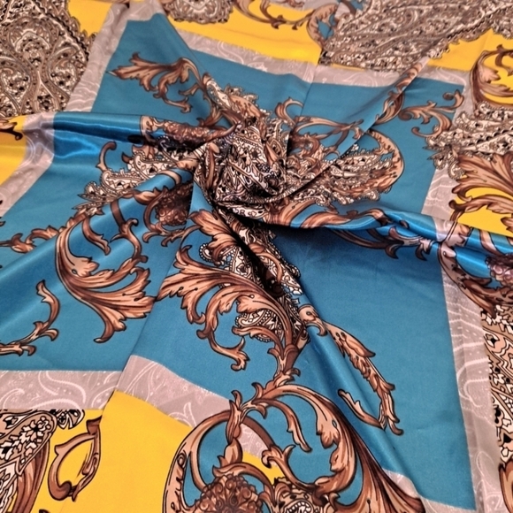 💖 2/$30 Square Satin oversized boho Floral blue paisley Old Money hair Scarf - Picture 16 of 16